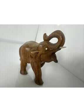 Vintage Thailand Hand-Carved Teak Wood Elephant Statue 9” Figurine Decor